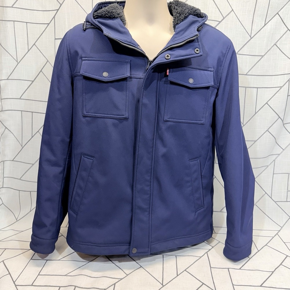 Levis Storm Fleece Lined Jacket Mens Large‎ Soft Shell Trucker Full Zip Hooded